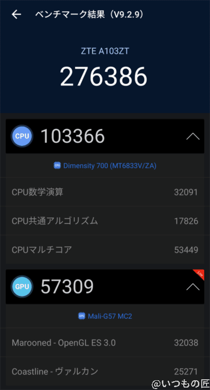 libero5g2-5g-antutu1 | スマホを検証してみた antutu benchmark スコアのうち、CPUは103366、GPUは57309でした。