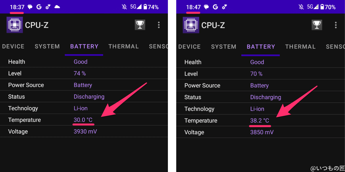 AQUOS wish3のバッテリー温度