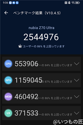 nubia Z70 Ultra ベンチマーク Antutu AnTuTu Benchmark V10 計測結果