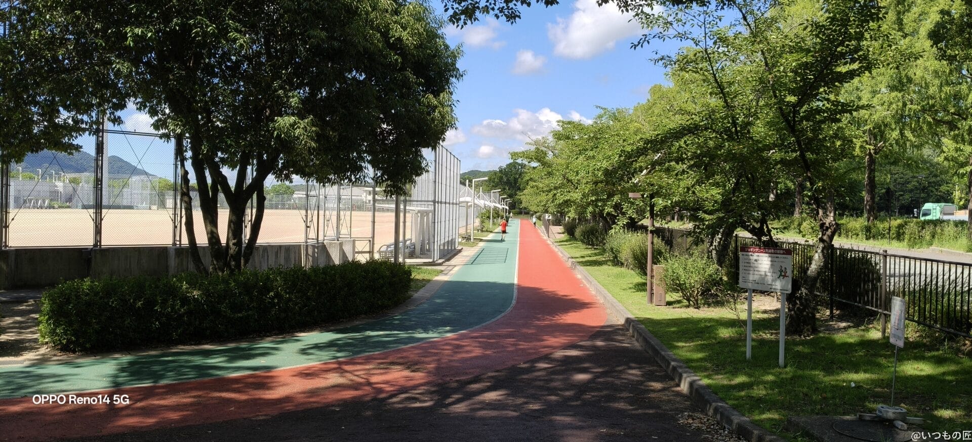 赤と緑のコントラストが鮮やかなランニングコース | スマホを検証してみた OPPO Reno14 5G カメラ 赤と緑のコントラストが鮮やかなランニングコース